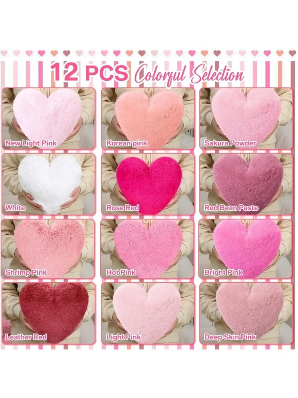 Cute Pink Heart Pillows Set of 12 | Soft Faux Fur Throw Cushions for Home Decor